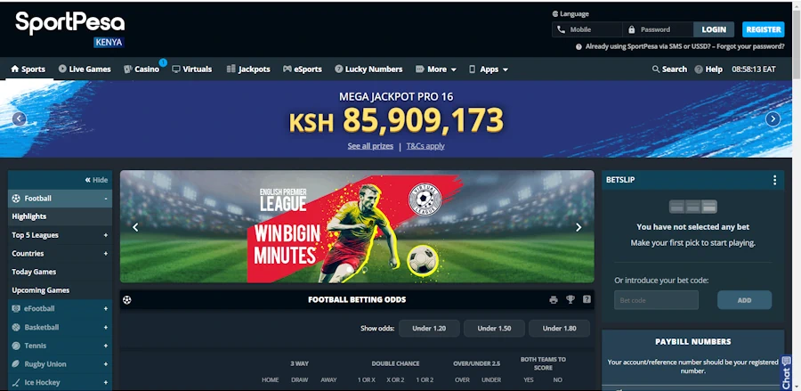 SportPesa site view with megabonus and football betting section.
